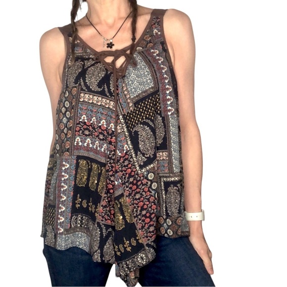 Vtg 90's Y2K Wrangler Boho Western Patchwork 70's Top M Handkerchief Asymmetric - Picture 2 of 9